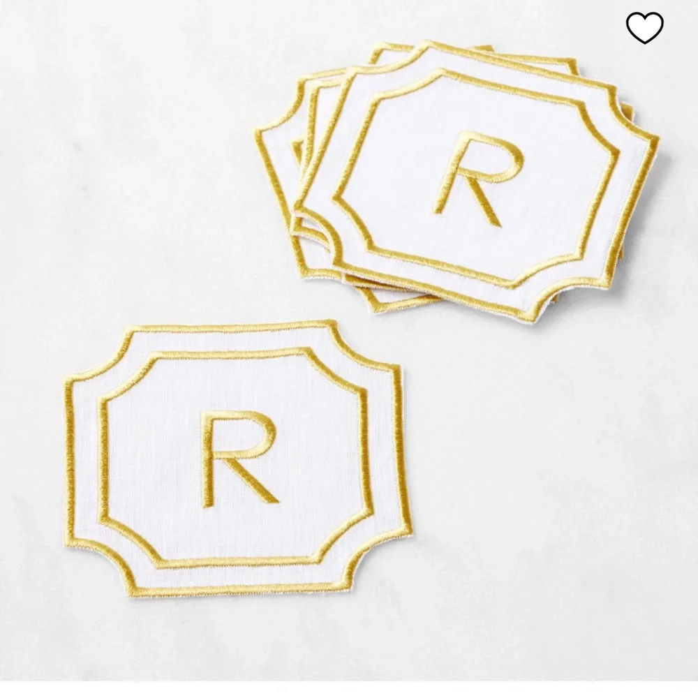 Williams Sonoma Cartouche Monogram Coasters, Set‎ of 4 letter R NWT